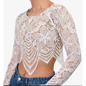 For Love & Lemons Guava Lace Crop Top Size XS Scalloped Hem Long Sleeves